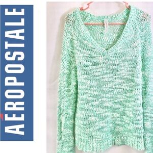 Aeropostale Size Medium Mint Green White Knit V-Neck Sweater